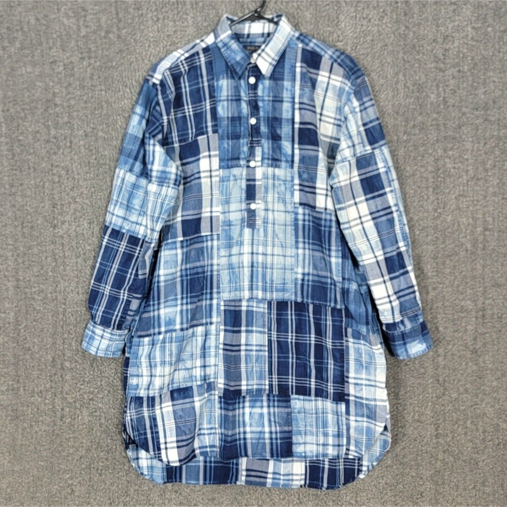 Polo Ralph Lauren Madras Shirt Dress Womens Medium Blue Plaid Acid Wash Preppy